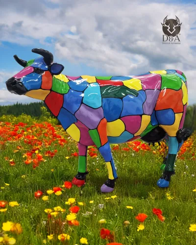 Dieren | VEELKLEURIGE VLEK koe in hars voor uw buitendecoratie