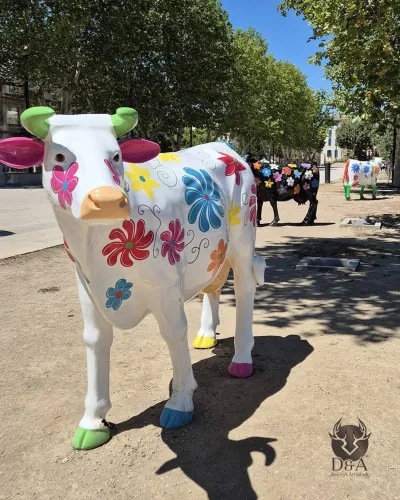 Vache lisse blanche FLEURS, taille réelle - animaux en résine