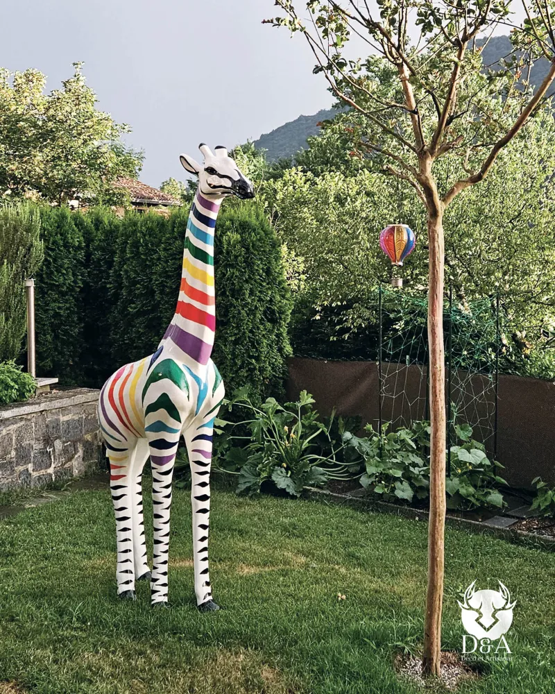 Large multicolored zebra XL Giraffe in fiber resin for outdoors