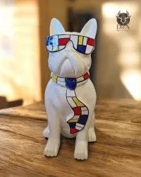 Dieren van hars, Bulldog met bril en MONDRIAN stropdas 80 cm