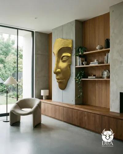 Estátua de design com meio rosto em ouro/prata