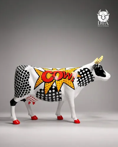 Vaca artística de tamaño natural, diseño de cómic Pop Art.