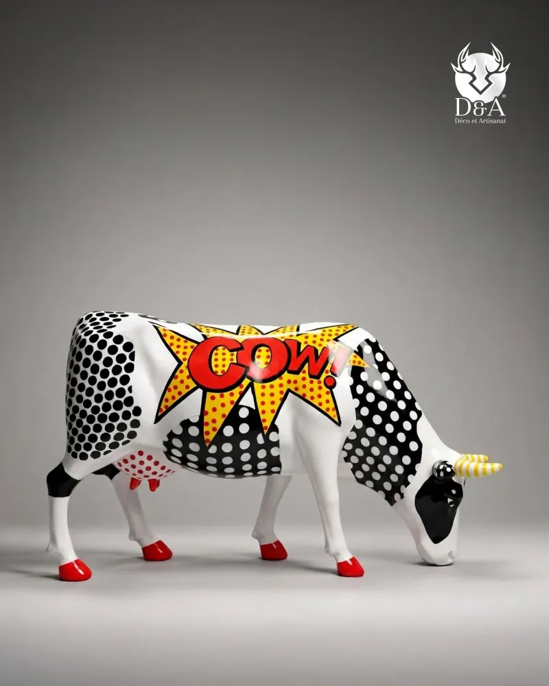 Vaca artística de tamaño natural, diseño de cómic Pop Art.