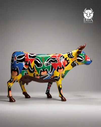Vaca artística de tamaño natural, motivo de arte callejero.
