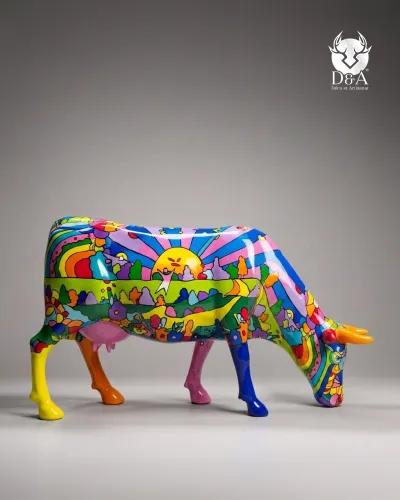 Lebensgroße Kuh aus Kunstharz – Psychedelische Pop- und farbenfrohe Skulptur
