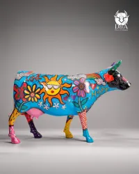 Vaca Flower Power em tamanho real em resina – Escultura Pop Art