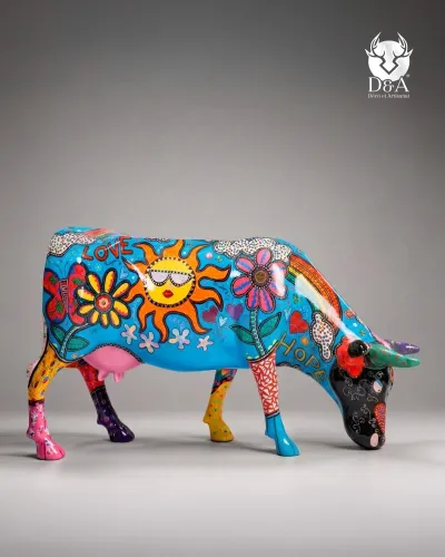 Levensgrote Flower Power-koe van hars – Pop Art-sculptuur
