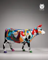 Mucca patchwork in stile Pop Art a grandezza naturale in resina – Scultura di design