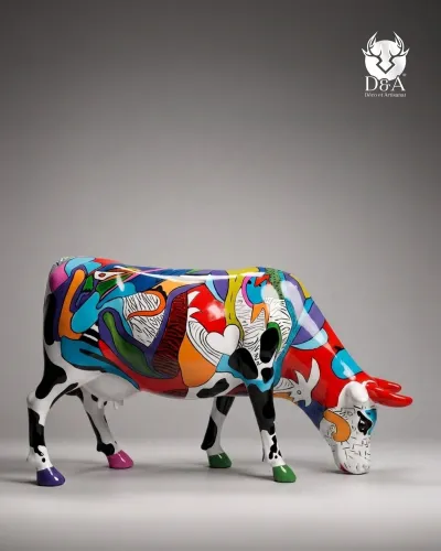Levensgrote pop-art patchwork koe van hars – designsculptuur
