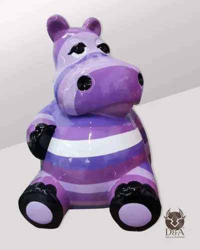Hippopotame assis L RAYÉ mauve - Déco et Artisanat - 1