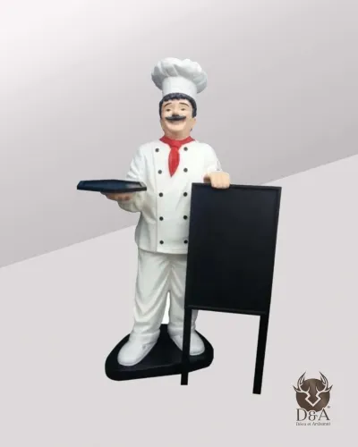 Statue eines Kochs mit XL-Blankoschild für Ihr Restaurant
